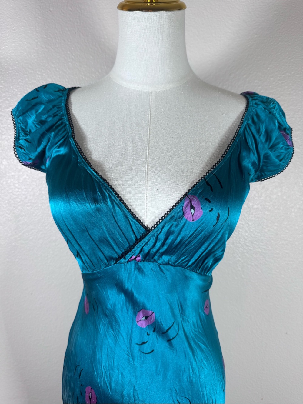 Betsey Johnson Vintage Teal Satin Midi Marylin Monroe Dress - Picture 2 of 9
